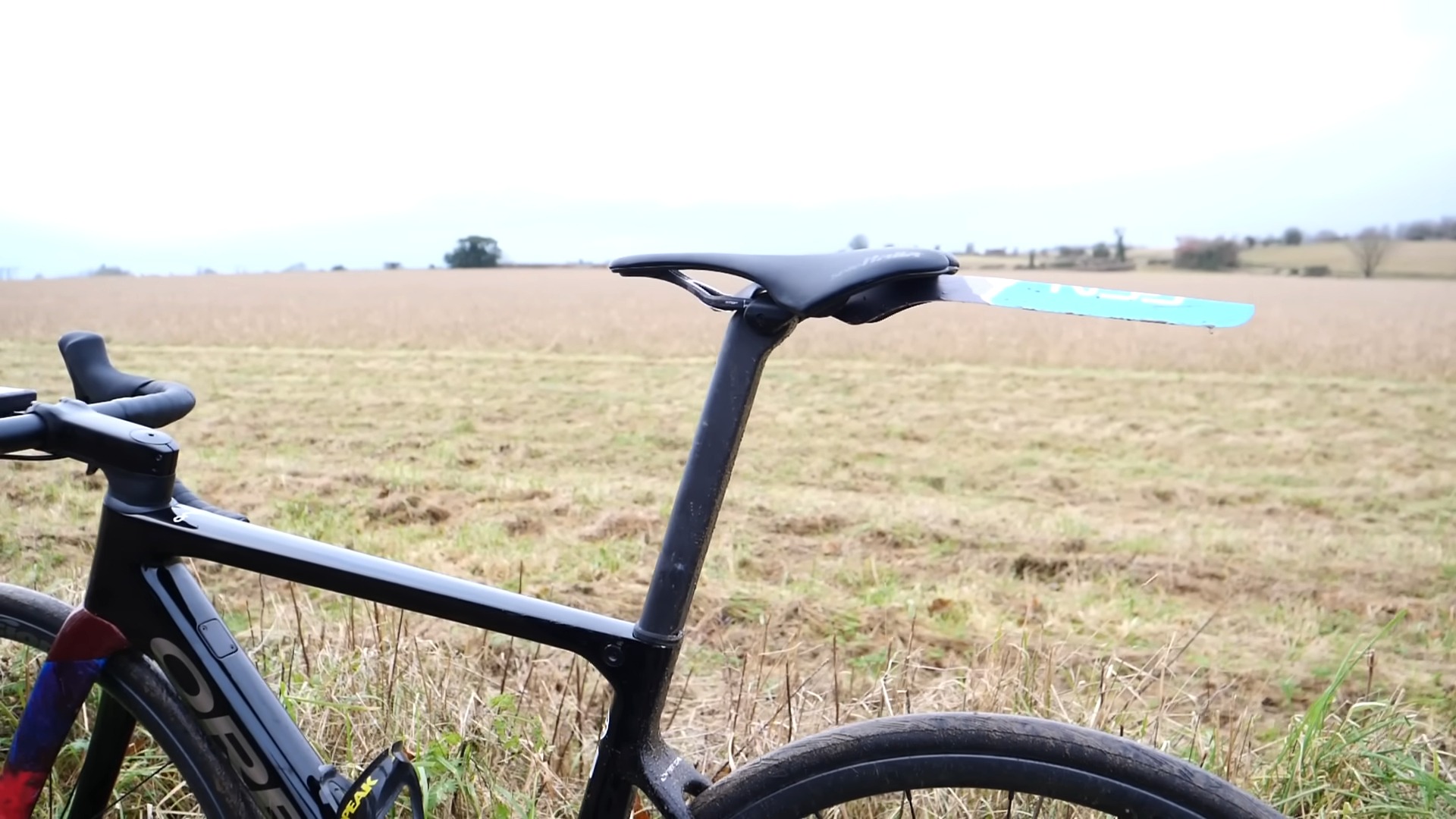 black bike with a streamlined saddle and seat post is positioned in front of an open field, emphasizing the bike's size and fit for riders