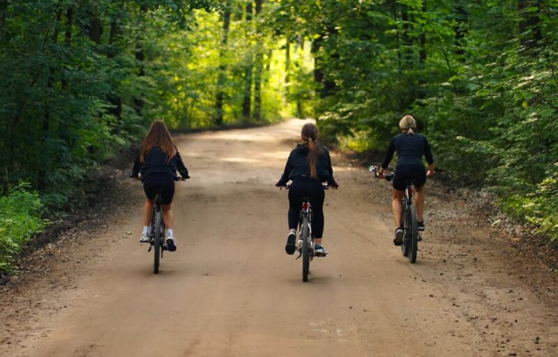 Three girls riding bicycles on a path through a forest