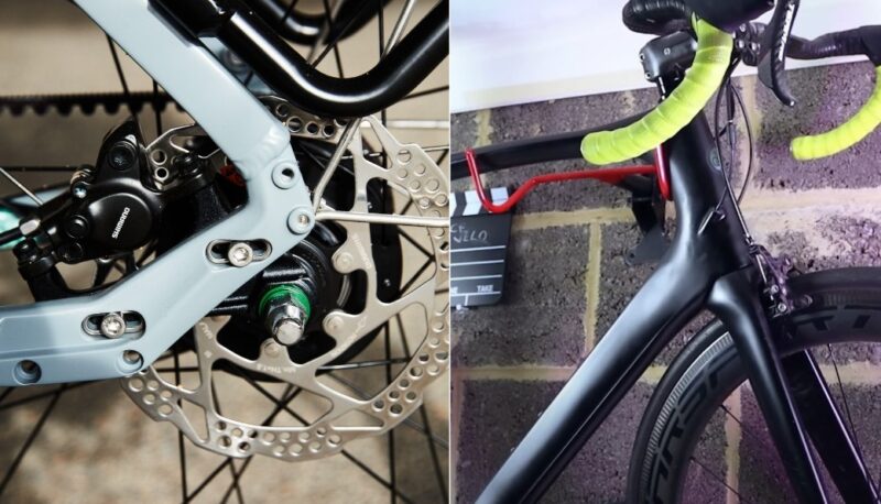 Photo separated in two section, showing comparisson between disc and rim brakes