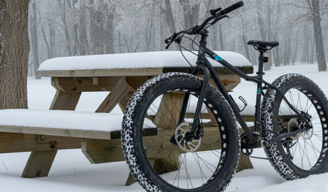 Fat bike parked on a bench in a snowy forest