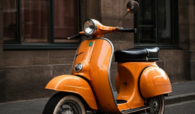 Orange moped parked in the street