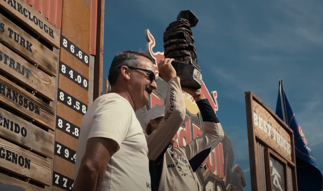 A rider celebrates his win at Red Bull Rampage