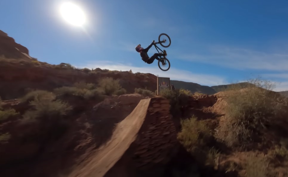 Rider on Red Bull Rampage doing dangerous stunt