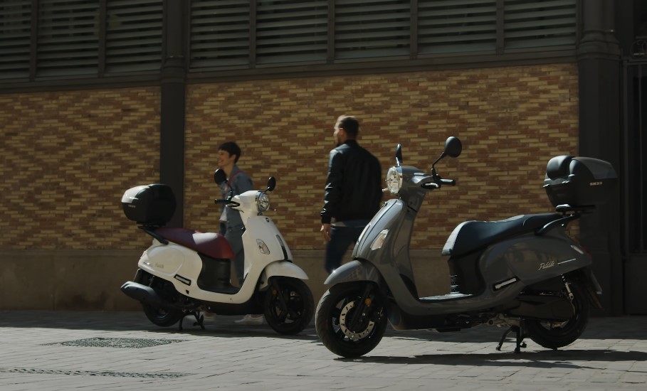 Two mopeds parked on the street