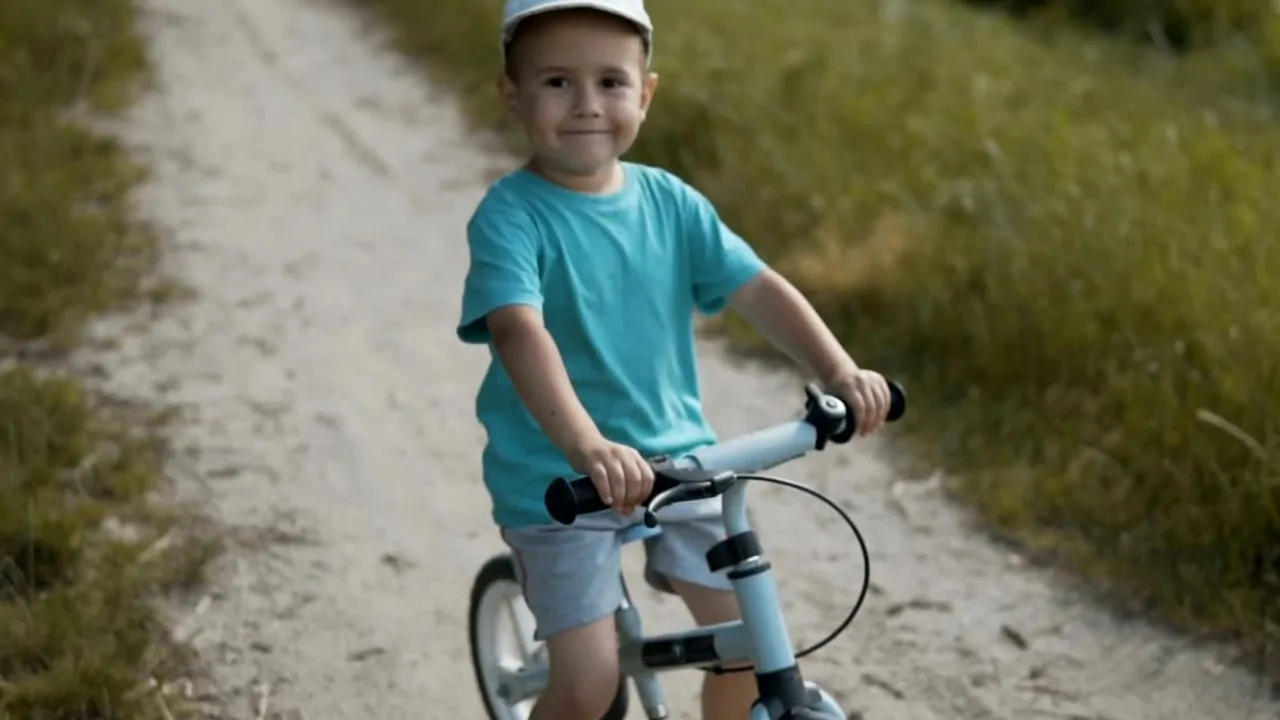 Cheerful young boy riding a bicycle on a dirt path, wearing a blue t-shirt and a cap