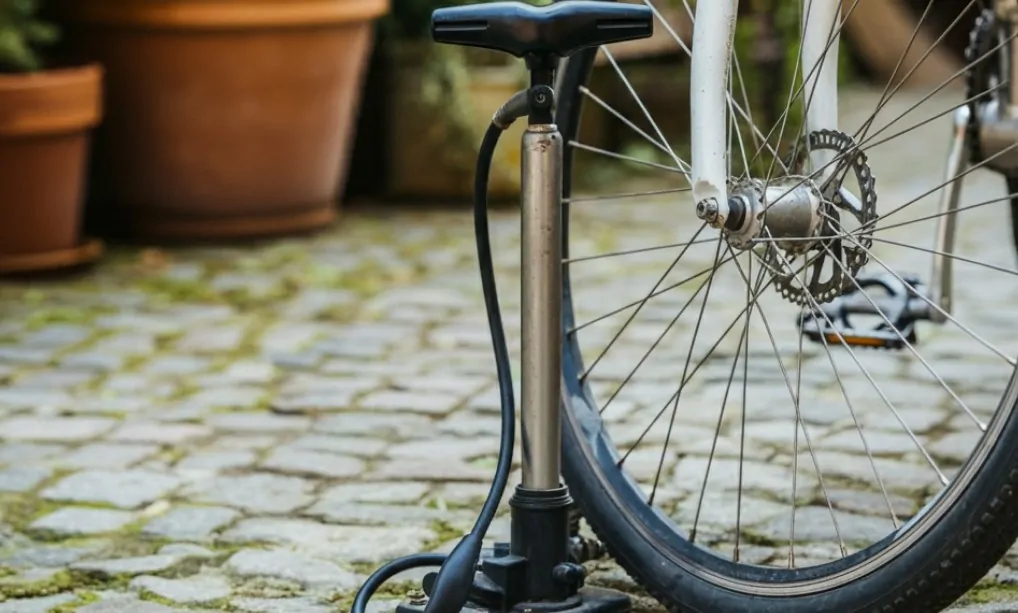 Air pump and bike tire on cobblestone street