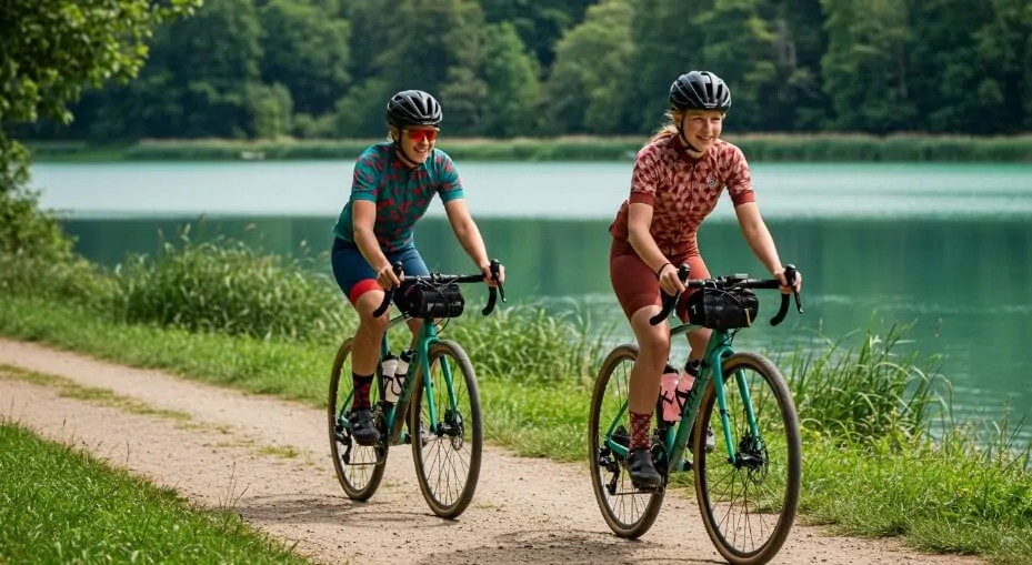 Two women cycle along a scenic lake path