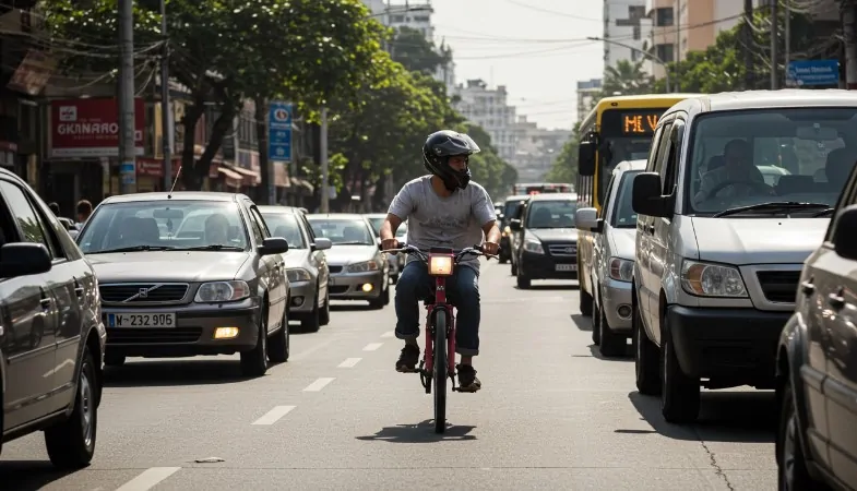 A motorcyclist navigates a busy city street, surrounded by cars and a bus