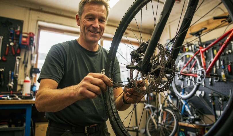 A mechanic meticulously adjusts the disc brake on a bicycle wheel