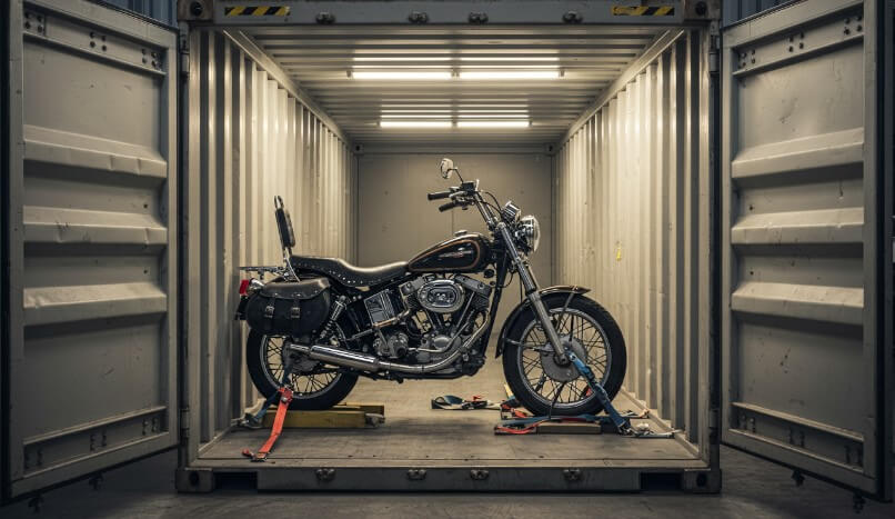 Classic motorcycle securely stored inside a shipping container