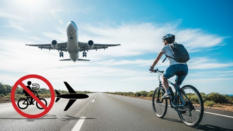 Cyclist on a road with a plane overhead and a no-cycling symbol