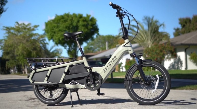 An electric Aventon Abound bike parked on the side of the road