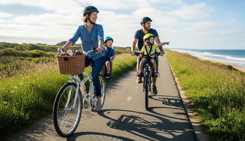 A family rides bicycles along a scenic path by the ocean, enjoying the sunny day and coastal views