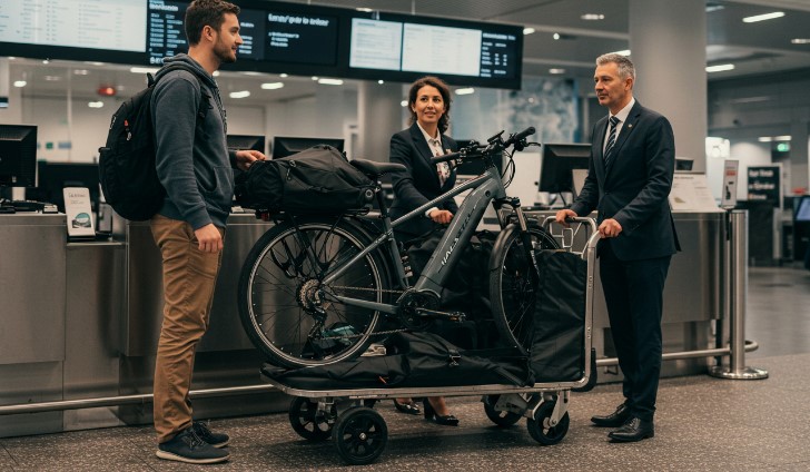 Traveler with a packed electric bicycle at the airport check-in