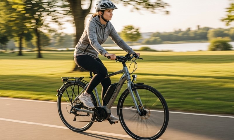 Woman on e-bike, riding bike next to a park