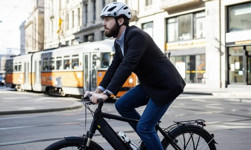 A man in a suit rides a bicycle along a bustling city street, surrounded by tall buildings and urban scenery
