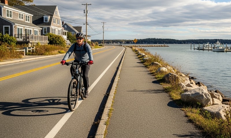 Man riding e-bike next to a waterfront