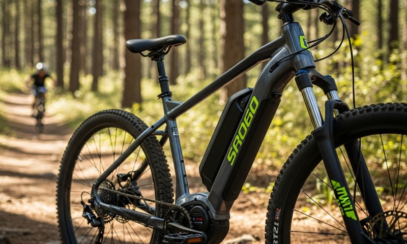 Modern mountain bike standing on a forest trail path