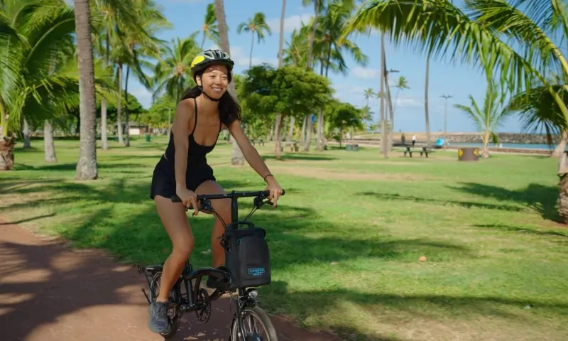 A woman rides a bike through a park lined with palm trees