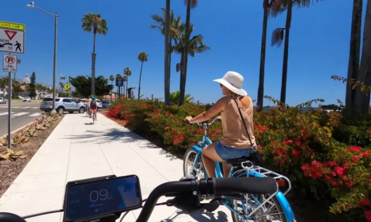 A woman rides a bicycle on a sidewalk lined with palm trees