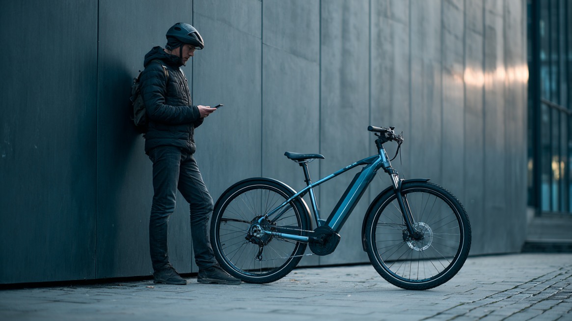 A cyclist standing beside an electric bike while looking at a phone next to a concrete wall