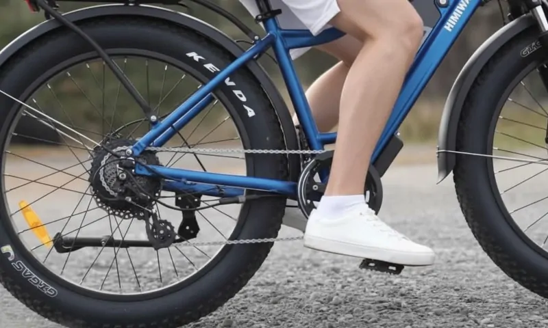 Close-up of a person pedaling a blue bike with thick black tires on a gravel path
