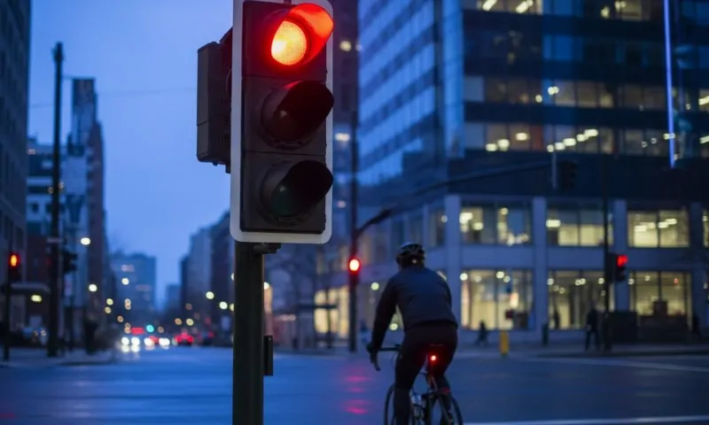 Traffic light showing red illuminates a city street at dusk. A cyclist pauses at the intersection