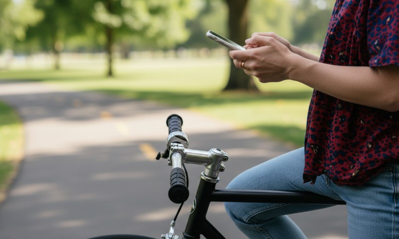A person on a bicycle at a park, checking their smartphone
