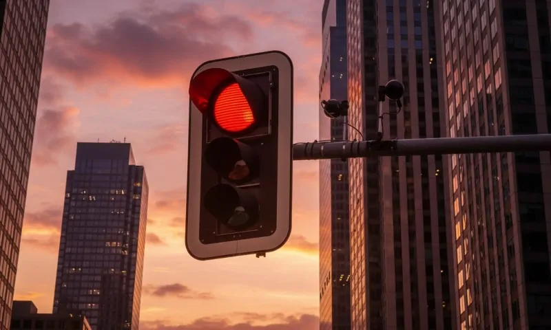 Traffic light showing red against a backdrop of skyscrapers at sunset