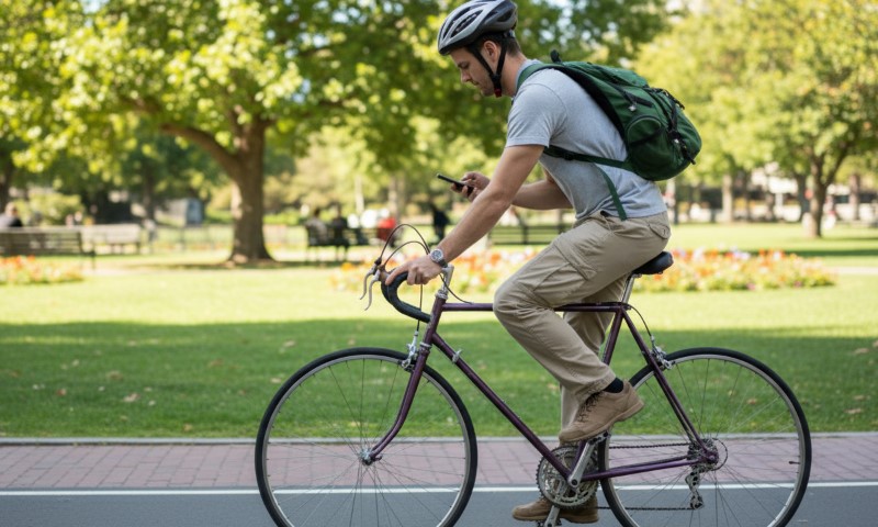 A man in a helmet rides a purple bicycle through a sunny park, looking at his phone