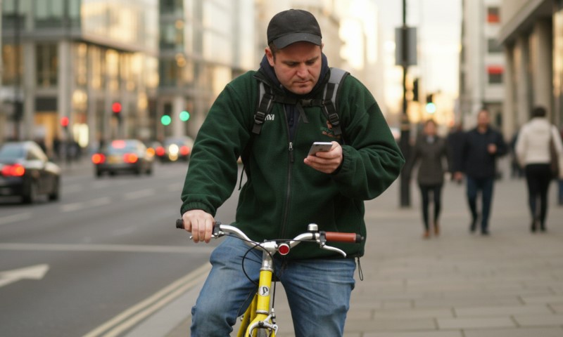 A man on a yellow bike checks his phone in an urban setting. He wears a backpack and dark cap