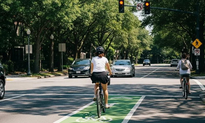 Two cyclists ride in a green bike lane on a tree-lined street. Cars wait at a red light ahead