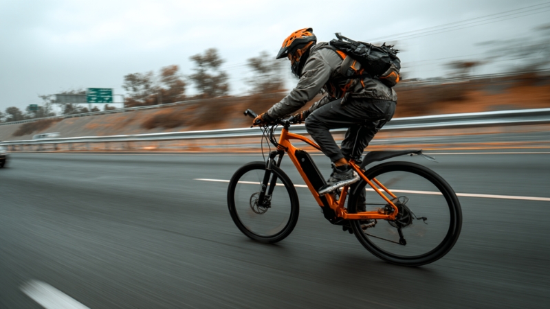 A rider on an orange e-bike travels along the shoulder of a highway