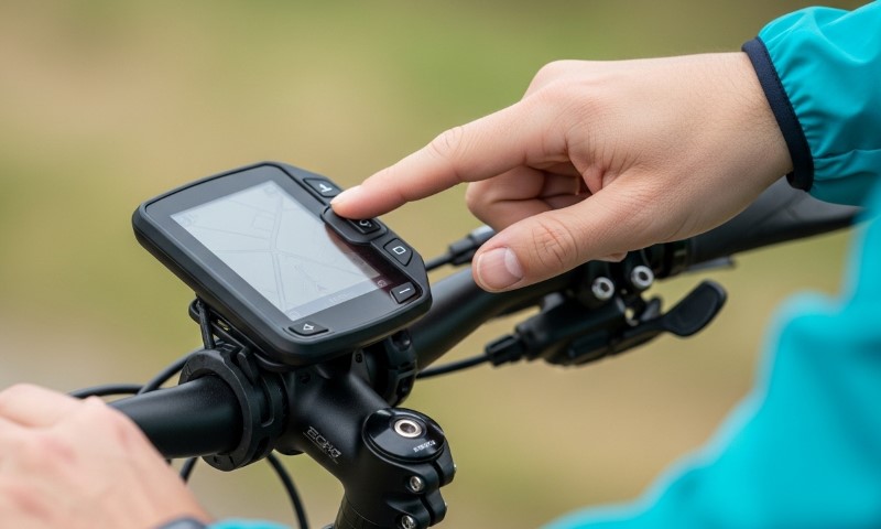 A person in a teal jacket interacts with a bike-mounted GPS device, touching the screen