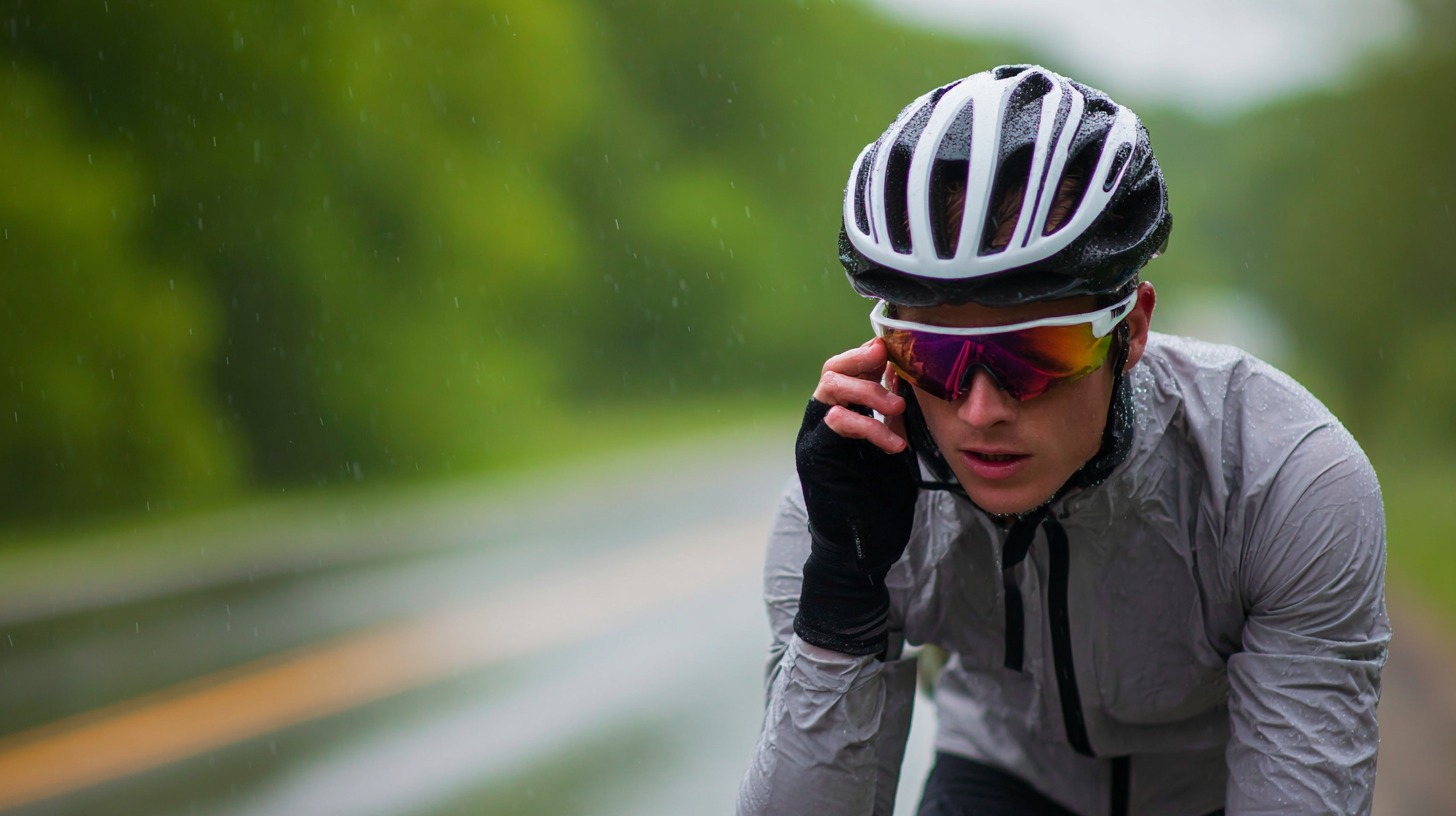 Road cyclist wearing a helmet and sunglasses touching an earbud while riding in the rain