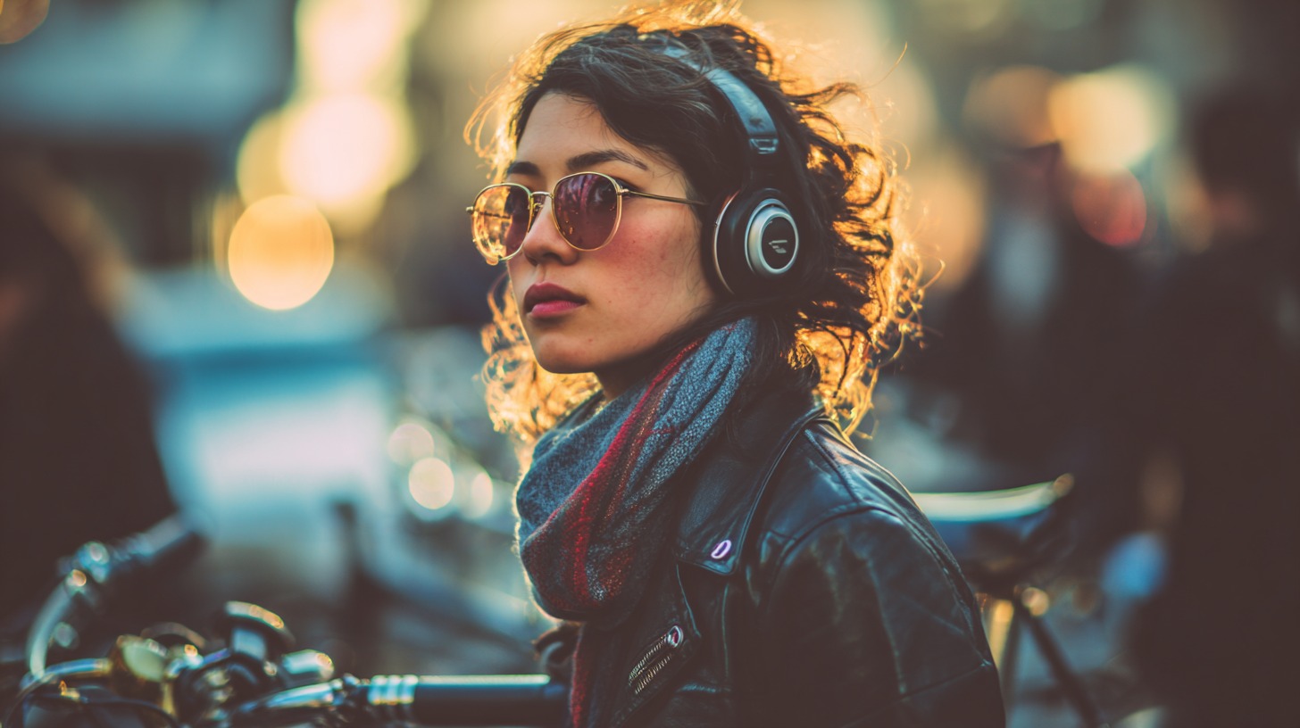 Woman wearing sunglasses and over ear headphones while standing beside a bicycle at sunset
