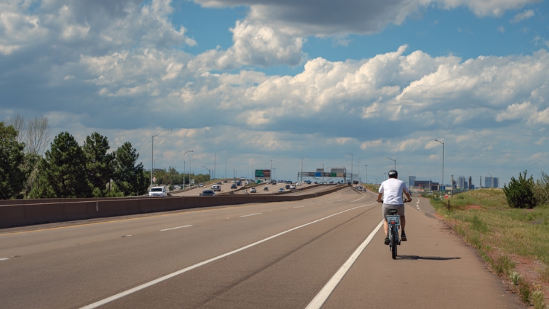 A person rides an e-bike on the shoulder of a multi-lane highway with traffic nearby