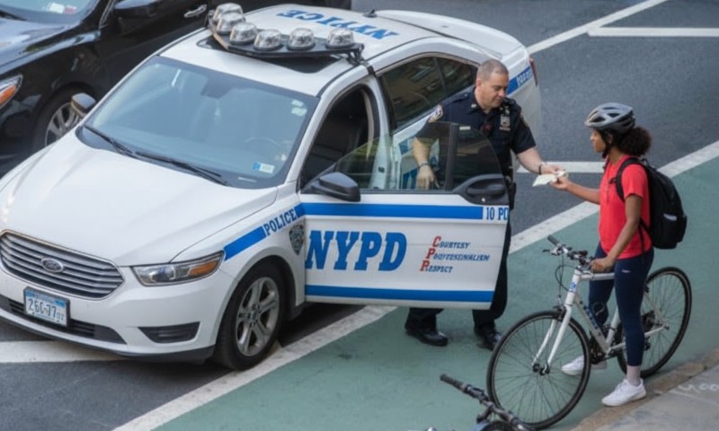 A police officer stands by an NYPD car, handing a document to a cyclist wearing a helmet and red shirt