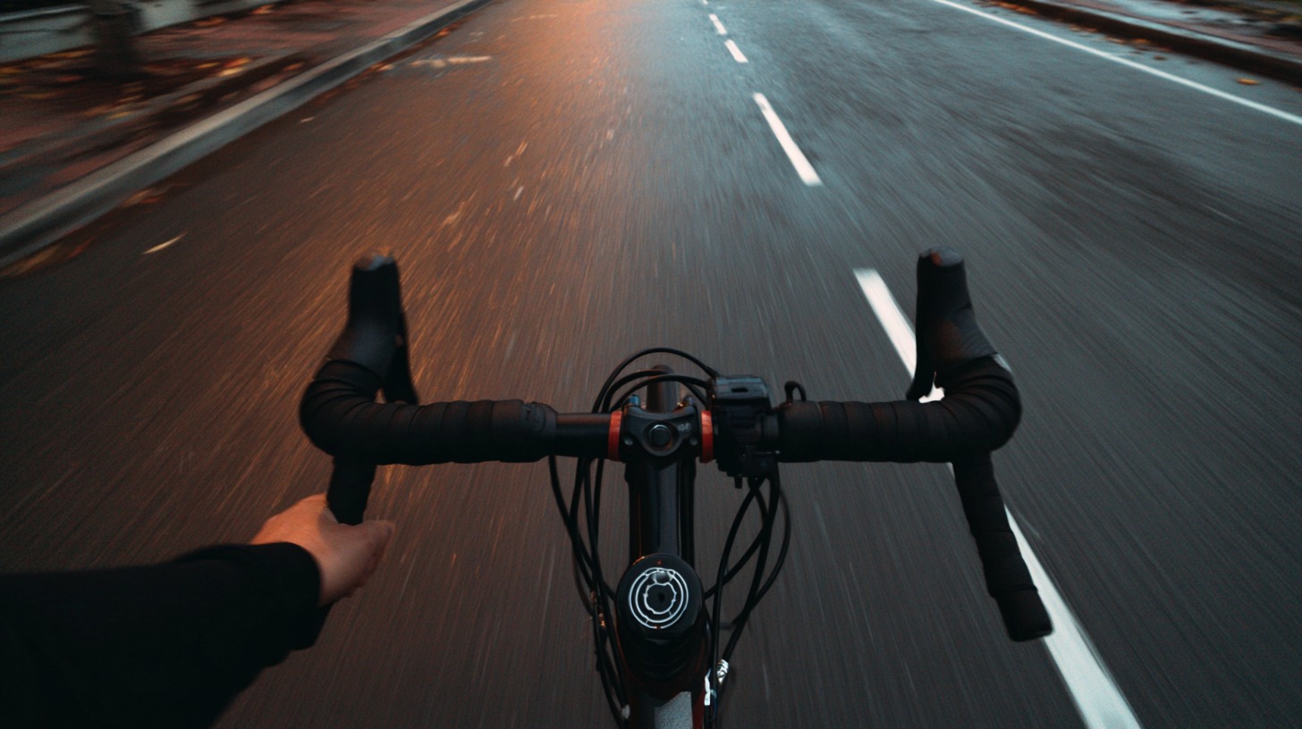 First person view of hands on drop handlebars cycling along a paved roadway
