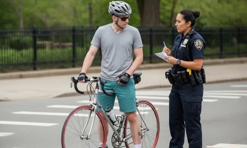 A police officer in uniform speaks to a cyclist wearing a helmet and sunglasses, holding a bike