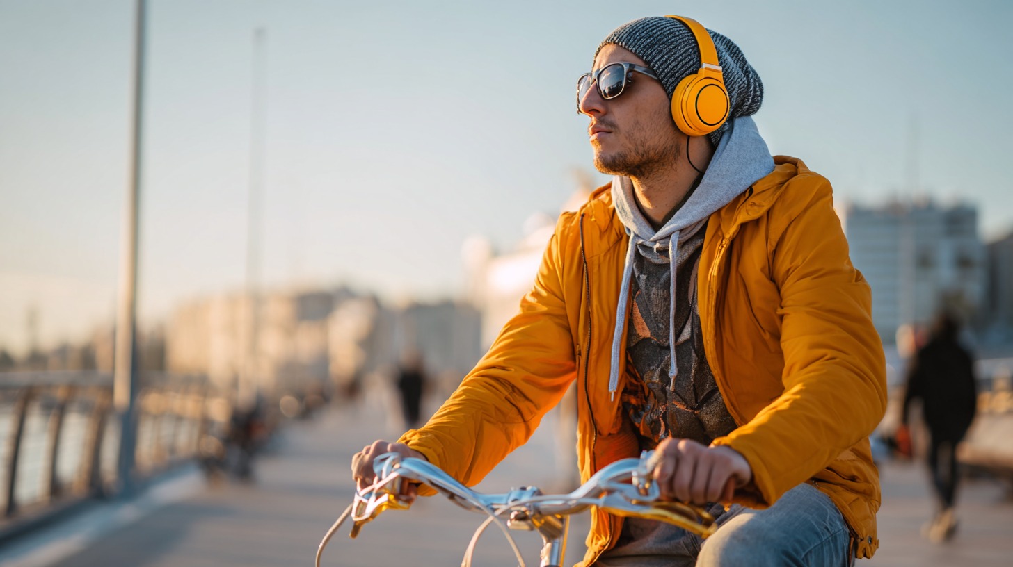 Man in a yellow jacket and beanie riding a bicycle while wearing large headphones and sunglasses