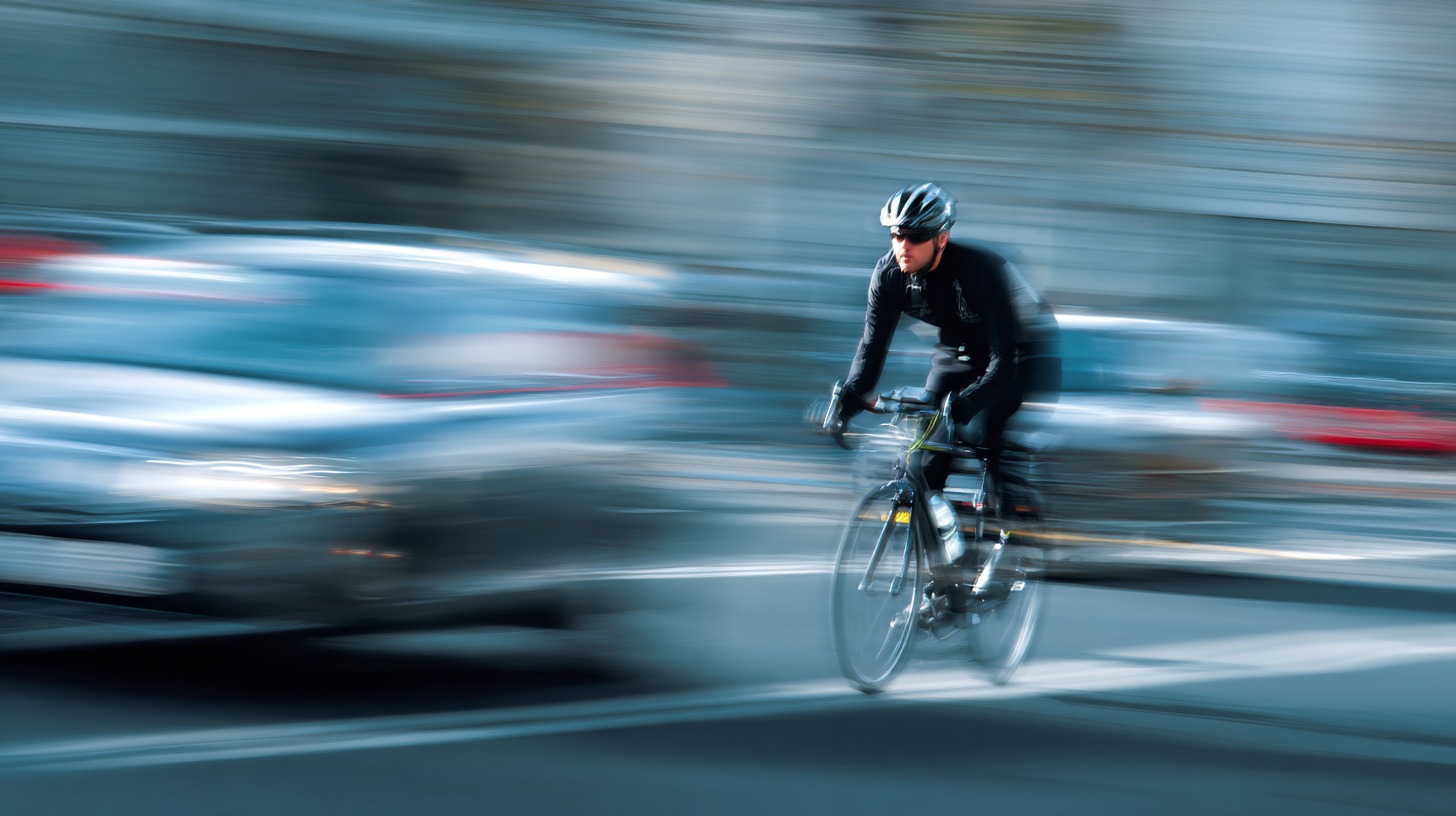 Cyclist riding quickly through city traffic with motion blur from passing cars