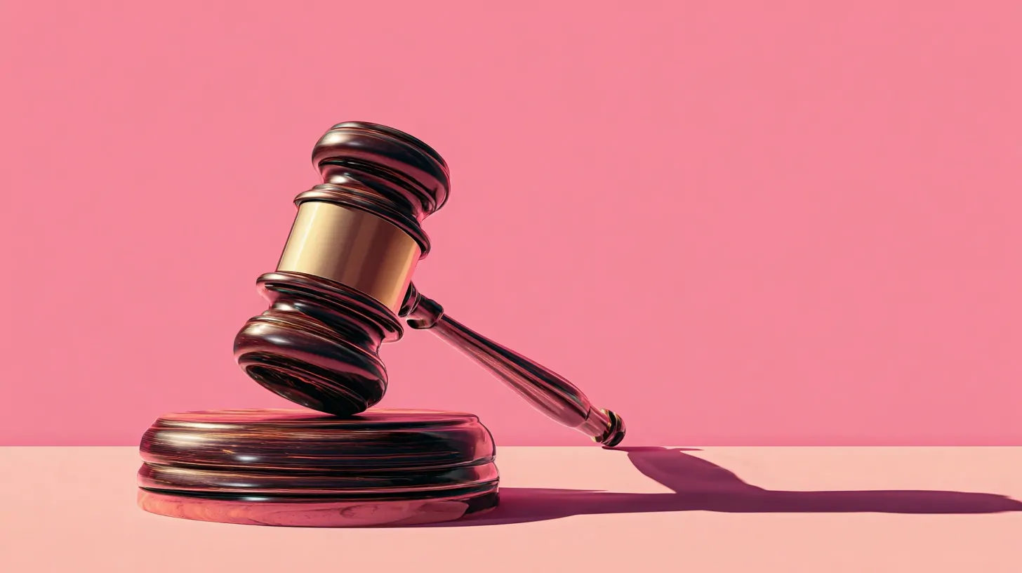 Wooden judge’s gavel resting on a sound block against a pink background